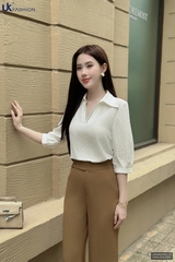 Sơ mi lá cổ V kê ren dễ mặc che khuyết điểm UKSM2506019
