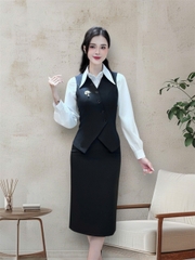 Set gile vạt chéo cúc + chân váy sang xịn, lịch sự UKBD2506006