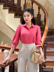 Áo Sơ Mi Cổ Sen Tay Lỡ Lơ Vê Xẻ UK Fashion Công Sở Nữ Thanh Lịch, Nữ Tính Vải Mềm Mịn UKSM2408005