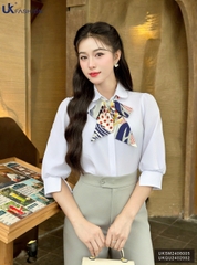 Áo Sơ Mi Cổ Sen Tay Lỡ Lơ Vê Xẻ UK Fashion Công Sở Nữ Thanh Lịch, Nữ Tính Vải Mềm Mịn UKSM2408005