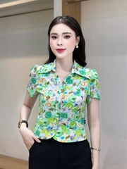 Sơ mi hoa V cổ lá rực rõ, xinh xắn, điệu đà UKSM2506005