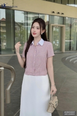 Sơ mi cổ sen kẻ súp kép trẻ trung UKSM2506007