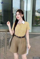Sơ mi cổ sen kẻ súp kép trẻ trung UKSM2506007