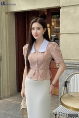 Sơ mi kẻ phối cổ sóng xinh, nhẹ nhàng UKSM2504005