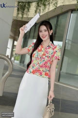 Sơ mi hoa V cổ lá rực rõ, xinh xắn, điệu đà UKSM2506005