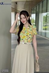 Sơ mi hoa V cổ lá rực rõ, xinh xắn, điệu đà UKSM2506005