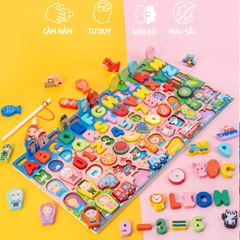Bộ đồ chơi bảng gỗ 7N1 xếp hình, chữ cái và số,câu cá thông minh
