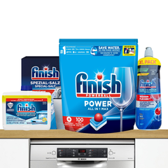 Combo 4 món Finish Tiết Kiệm: Túi 100 viên All in 1 + nước làm bóng 800ml + muối 1.5kg + vệ sinh máy 250ml
