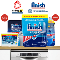 Combo 4 món Finish Tối Ưu: Túi 110 viên All in 1 + nước làm bóng 800ml + muối 1.5kg + vệ sinh máy 250ml