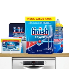Combo 4 món Finish Tối Ưu: Túi 110 viên All in 1 + nước làm bóng 800ml + muối 1.5kg + vệ sinh máy 250ml