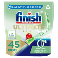 Túi 45 viên rửa chén Finish Ultimate All in 1 0% Ecolabel EU 2025 – 14 tính năng – Dành cho máy rửa chén 12-13 bộ trở lên