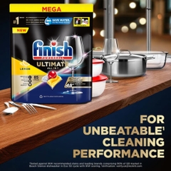 Túi 85 viên rửa chén Finish Ultimate All in 1 Hương Chanh 2025 – 14 tính năng – Dành cho máy rửa chén 12-13 bộ trở lên