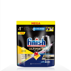 Túi 85 viên rửa chén Finish Ultimate All in 1 Hương Chanh 2025 – 14 tính năng – Dành cho máy rửa chén 12-13 bộ trở lên