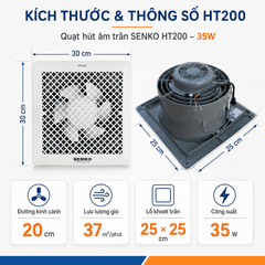 Quạt Thông Gió Âm Trần Senko HT200 35W – Hút Thẳng, Sải Cánh 20cm