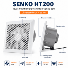 Quạt Thông Gió Âm Trần Senko HT200 35W – Hút Thẳng, Sải Cánh 20cm