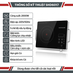 Bếp hồng ngoại cảm ứng SUNHOUSE SHD6017 2000W dùng mọi loại nồi