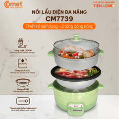 Nồi Lẩu Điện Comet CM7739 3.5L 1300W – Kèm Xửng Hấp, Chống Dính, Nắp Kính