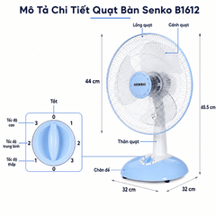 Quạt Bàn Senko B1612 47W – Cánh 39cm – 3 Tốc Độ