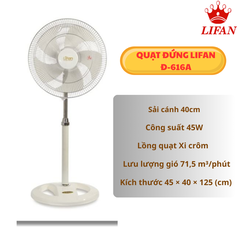Quạt đứng LIFAN Đ-616A – Cánh 40cm, 45W, 3 tốc độ, lồng xi crôm