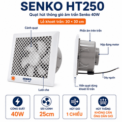 Quạt Thông Gió Âm Trần Senko HT250 40W – Hút Thẳng, Sải Cánh 25cm