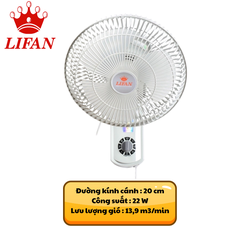 Quạt treo tường LIFAN T-109 – Cánh 20cm, 22W, 2 tốc độ, 3 màu | Bảo hành 12 tháng