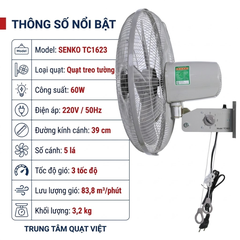 Quạt Treo Tường Senko TC1623 60W, 5 Cánh, Dây Giật Tiện Dụng