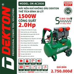 Nén Khí Không Dầu Dekton DK-AC3930 2HP/1500W/ Bình 30L - Lưu Lượng 200L/Phút
