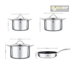 Bộ Nồi Chảo Inox Cao Cấp 3 Lớp Đáy Liền Trimax EL-3742 Size 18cm, 20cm, 26cm Và Chảo 26cm