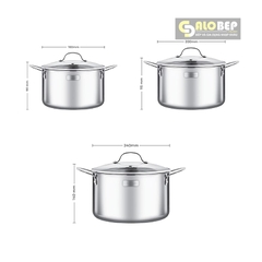 Bộ Nồi Inox Cao Cấp 3 Lớp Đáy Liền Trimax EL-3741 Size 16, 20, 24cm