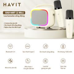 Loa Karaoke Mini HAVIT SK818, BT 5.4, Màng Loa 57mm, Công Suất 5W, Âm Thanh Sống Động, Nghe Đến 8H - Hàng Chính Hãng (2 Mic)