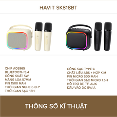 Loa Karaoke Mini HAVIT SK818, BT 5.4, Màng Loa 57mm, Công Suất 5W, Âm Thanh Sống Động, Nghe Đến 8H - Hàng Chính Hãng (2 Mic)