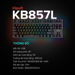 Bàn Phím Cơ Gaming HAVIT KB857L, 87 Keys, 14 Chế Độ Led Backlit Rainbow, 50.000.000 Lần Nhấn - Chính hãng BH 12 Tháng