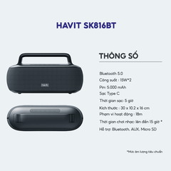 Loa Bluetooth HAVIT SK816BT Công Suất 2x15W, BT 5.0, Kháng IPX6, Thời Gian Chơi Nhạc Lến Đến 15h - Chính Hãng BH 12 Tháng