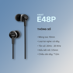 Tai Nghe In-ear HAVIT E48P High-end Dynamic Giảm Ồn, Nút Nhấn Đa Chức Năng, Dây TPE Nhiều Màu Sắc - Chính Hãng Dizigear