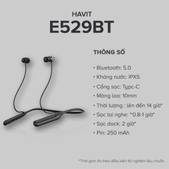 Tai Nghe Nhét Tai Bluetooth HAVIT E529BT, BT 5.0, Tích Hợp Micro, Kháng IPX5, Nghe Nhạc Đến 14h - Chính Hãng BH 12 Tháng Dizigear