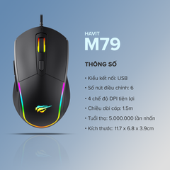 Chuột Gaming HAVIT M79, Đèn RGB, Tích Hợp 6 Nút Điều Chỉnh + 4 Chế Độ DPI, Tuổi Thọ 5tr Lần Nhấn - Chính Hãng Dizigear