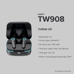 Tai Nghe Gaming TWS HAVIT TW908, BT 5.3, Gamemode 60ms, Đèn RGB, 2 Mic Khử Ồn, Nghe Đến 24H - Chính Hãng BH 12Th Dizigear