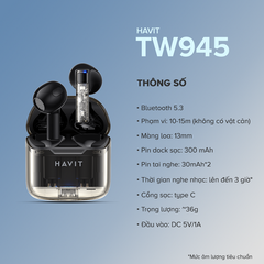 Tai Nghe TWS HAVIT TW945, Trong Suốt Transparent, BT 5.3, Gamemode 50ms, Nghe Đến 3H - Chính Hãng BH 12 Tháng Dizigear