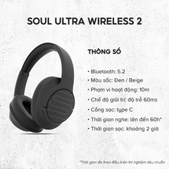 Tai Nghe Headphone Bluetooth Soul Ultra Wireless 2, BT 5.2, Low Latency 60ms, Nghe Đến 60 giờ - Chính Hãng BH 12 Tháng Dizigear