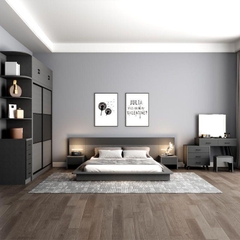 Giường Ngủ Bệt Phong Cách Bắc Âu Kèm 2 Tủ Đầu Giường Bằng Gỗ MDF Nhập Yapi -506