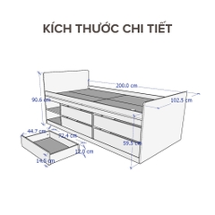 Giường Cho Bé, giường đơn 1mx2m cao 59cm Kèm 4 Ngăn Kéo Yapi-522