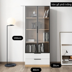 Tủ Sách Cửa Kính Kèm 2 Ngăn Kéo Trang Trí Phòng Khách Kích thước 80x35x200cm Yapi-665