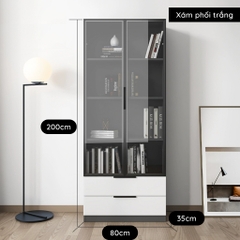 Tủ Sách Cửa Kính Kèm 2 Ngăn Kéo Trang Trí Phòng Khách Kích thước 80x35x200cm Yapi-665