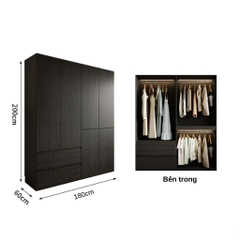 Tủ Quần Áo Gỗ Công Nghiệp Màu Đen Hiện Đại Có Ngăn Kéo Nội Thất Phòng Ngủ Kích thước 240x60x240 Yapi-239