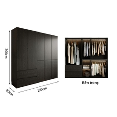 Tủ Quần Áo Gỗ Công Nghiệp Màu Đen Hiện Đại Có Ngăn Kéo Nội Thất Phòng Ngủ Kích thước 240x60x240 Yapi-239
