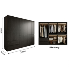 Tủ Quần Áo Gỗ Công Nghiệp Màu Đen Hiện Đại Có Ngăn Kéo Nội Thất Phòng Ngủ Kích thước 240x60x240 Yapi-239