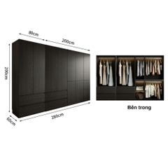 Tủ Quần Áo Gỗ Công Nghiệp Màu Đen Hiện Đại Có Ngăn Kéo Nội Thất Phòng Ngủ Kích thước 240x60x240 Yapi-239