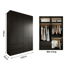 Tủ Quần Áo Gỗ Công Nghiệp Màu Đen Hiện Đại Có Ngăn Kéo Nội Thất Phòng Ngủ Kích thước 240x60x240 Yapi-239
