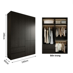 Tủ Quần Áo Gỗ Công Nghiệp Màu Đen Hiện Đại Có Ngăn Kéo Nội Thất Phòng Ngủ Kích thước 240x60x240 Yapi-239
