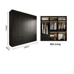 Tủ Quần Áo Gỗ Công Nghiệp Màu Đen Hiện Đại Có Ngăn Kéo Nội Thất Phòng Ngủ Kích thước 240x60x240 Yapi-239